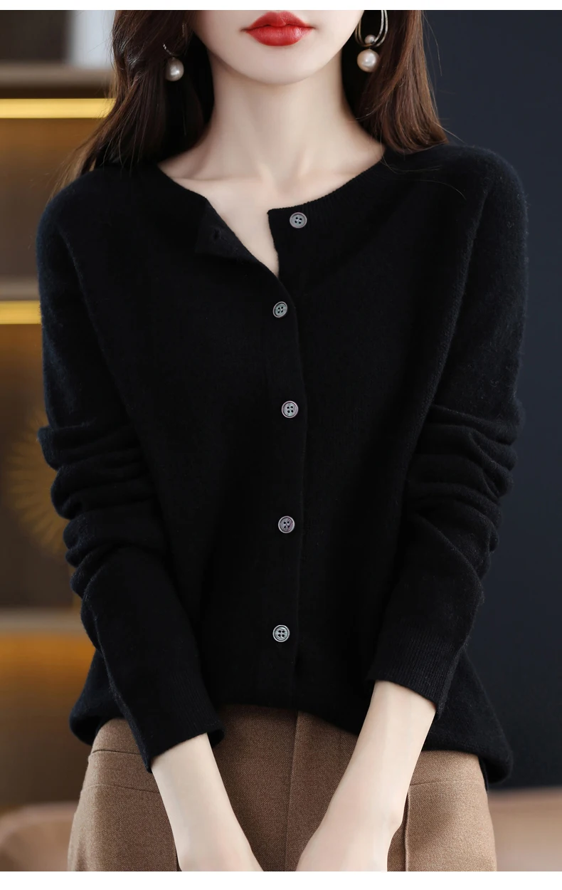Women 100% Merino Wool Sweater Autumn Winter O-Neck First Line Seamless Cardigan Long Sleeve Clothing Cashmere Knitwear Tops