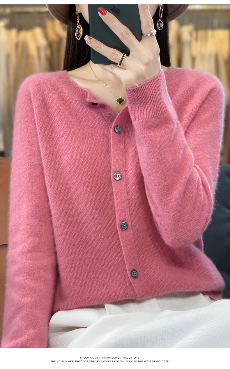 Women 100% Merino Wool Sweater Autumn Winter O-Neck First Line Seamless Cardigan Long Sleeve Clothing Cashmere Knitwear Tops