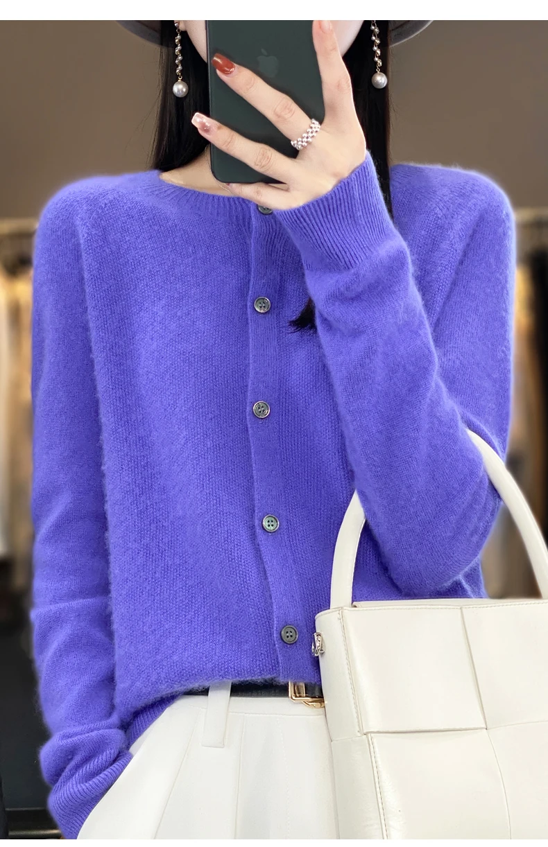 Women 100% Merino Wool Sweater Autumn Winter O-Neck First Line Seamless Cardigan Long Sleeve Clothing Cashmere Knitwear Tops