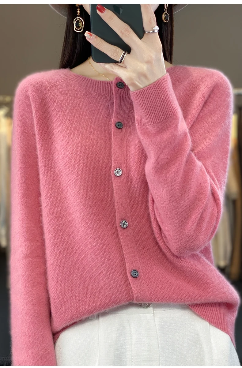 Women 100% Merino Wool Sweater Autumn Winter O-Neck First Line Seamless Cardigan Long Sleeve Clothing Cashmere Knitwear Tops
