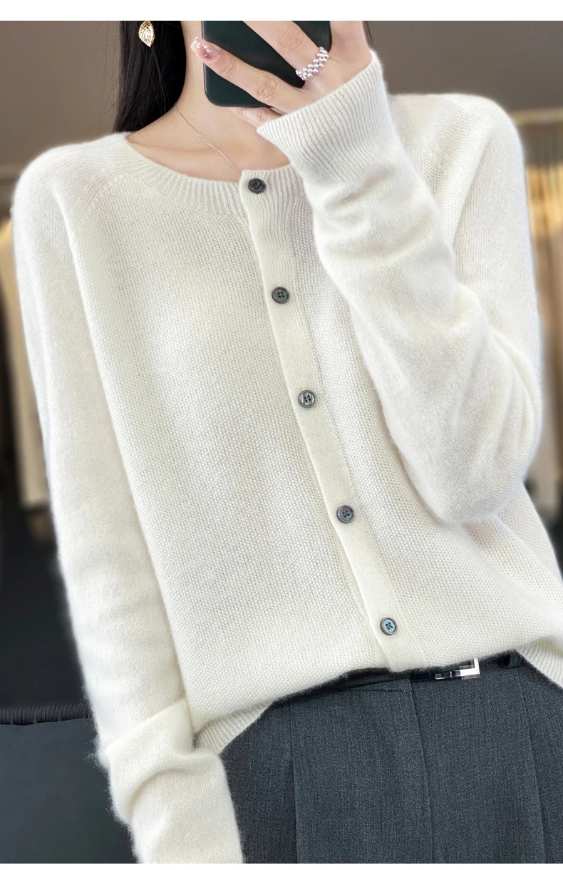Women 100% Merino Wool Sweater Autumn Winter O-Neck First Line Seamless Cardigan Long Sleeve Clothing Cashmere Knitwear Tops