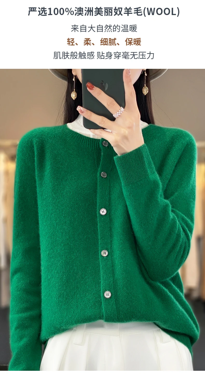 Women 100% Merino Wool Sweater Autumn Winter O-Neck First Line Seamless Cardigan Long Sleeve Clothing Cashmere Knitwear Tops