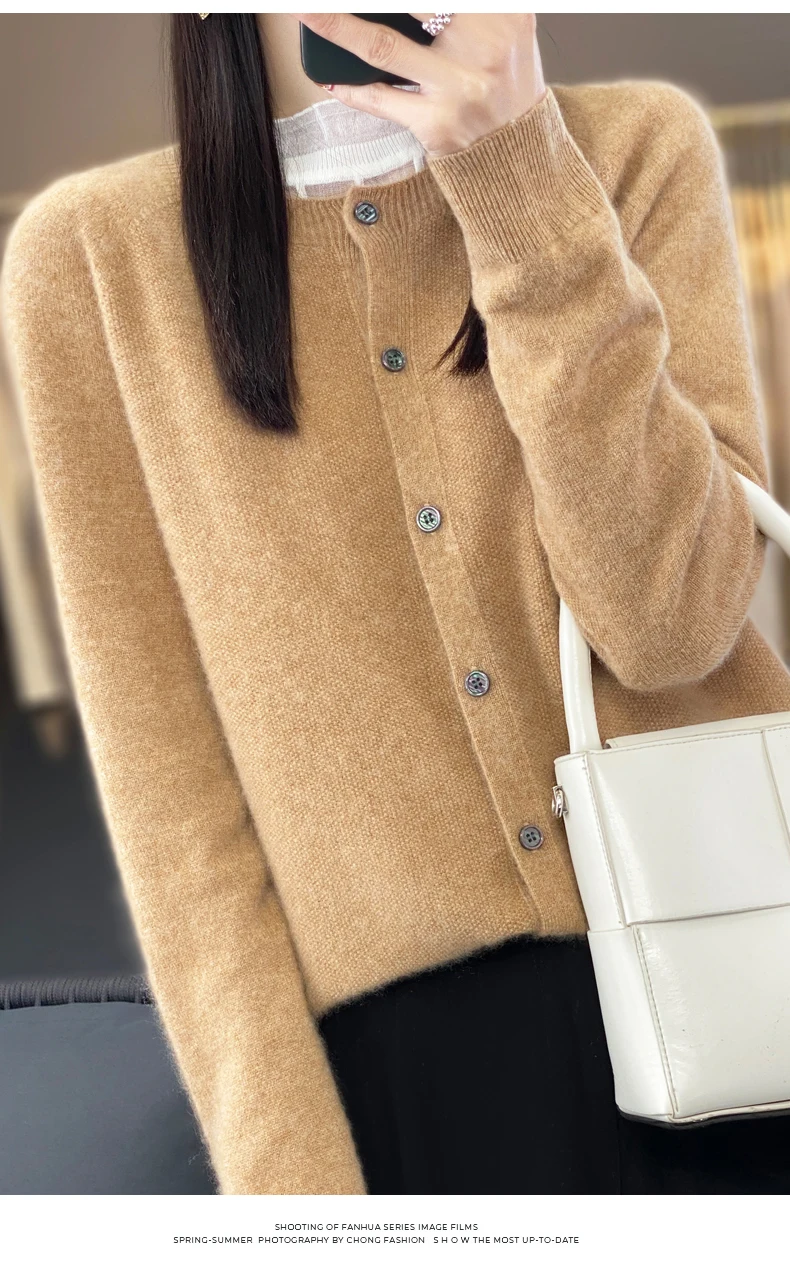 Women 100% Merino Wool Sweater Autumn Winter O-Neck First Line Seamless Cardigan Long Sleeve Clothing Cashmere Knitwear Tops