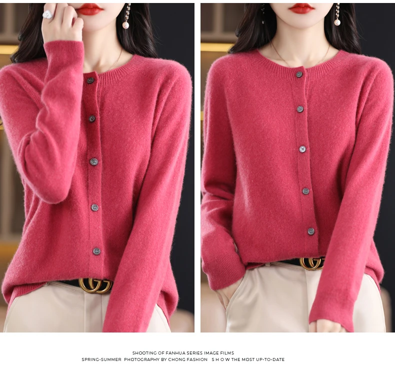 Women 100% Merino Wool Sweater Autumn Winter O-Neck First Line Seamless Cardigan Long Sleeve Clothing Cashmere Knitwear Tops