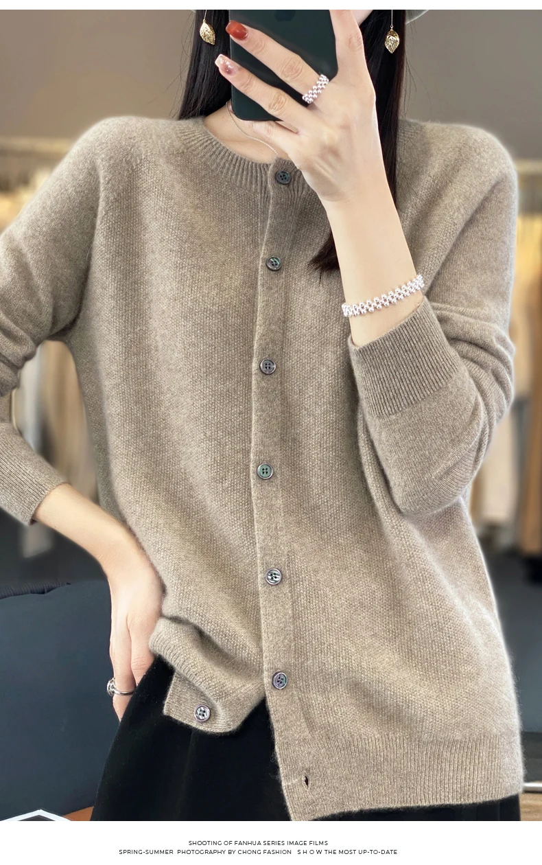 Women 100% Merino Wool Sweater Autumn Winter O-Neck First Line Seamless Cardigan Long Sleeve Clothing Cashmere Knitwear Tops