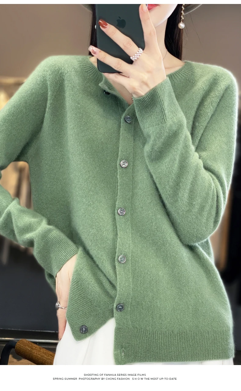 Women 100% Merino Wool Sweater Autumn Winter O-Neck First Line Seamless Cardigan Long Sleeve Clothing Cashmere Knitwear Tops