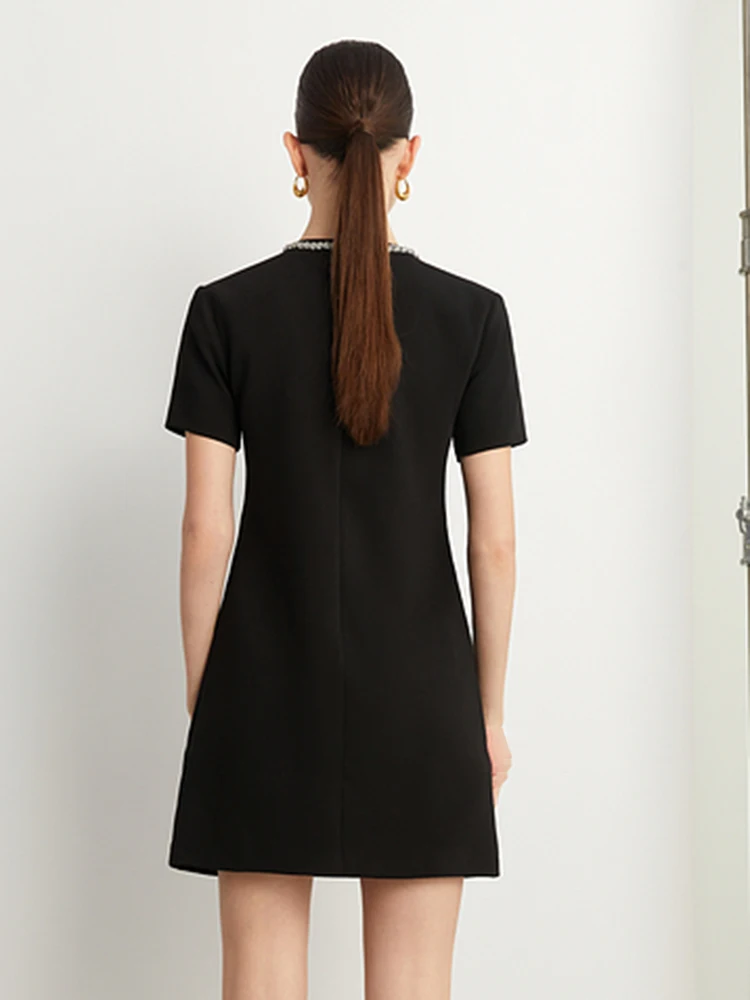TWOTWINSTYLE Solid Patchwork Diamonds Elegant Dresses For Women Round Neck Short Sleeve High Waist Spliced Zipper Dress Female