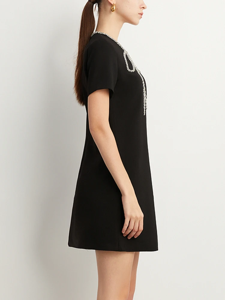 TWOTWINSTYLE Solid Patchwork Diamonds Elegant Dresses For Women Round Neck Short Sleeve High Waist Spliced Zipper Dress Female