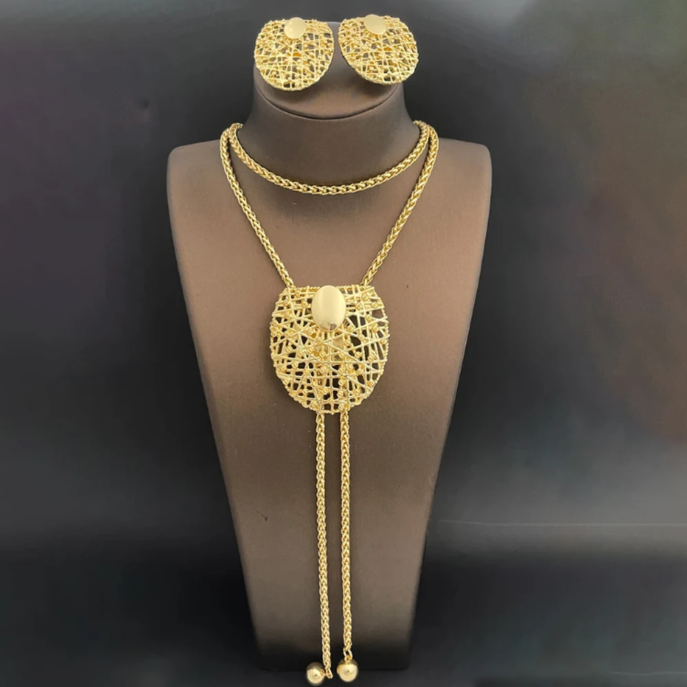 Gold Color Necklace Earrings Set For Women Unique Choker Pendant Earrings 3Pcs Set Jewelry Quality Accessories Free Shipping