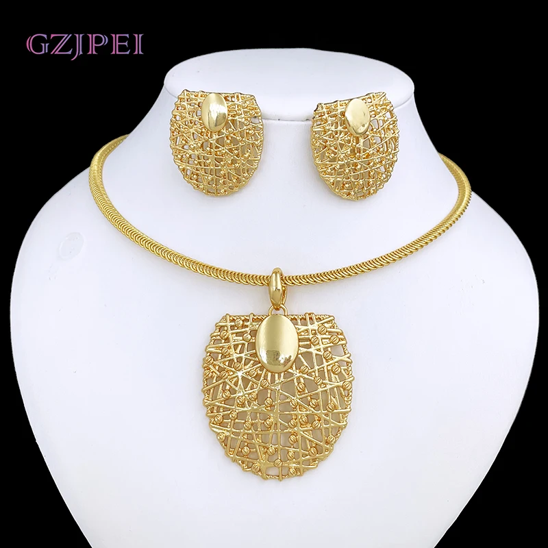 Gold Color Necklace Earrings Set For Women Unique Choker Pendant Earrings 3Pcs Set Jewelry Quality Accessories Free Shipping