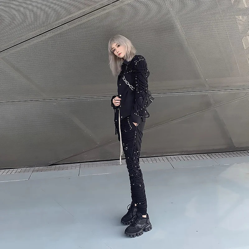 TWOTWINSTYLE Cross Black Pants For Women High Waist Bandage Casual Streetwear Trousers Female Fashion New Clothing 2024 Style