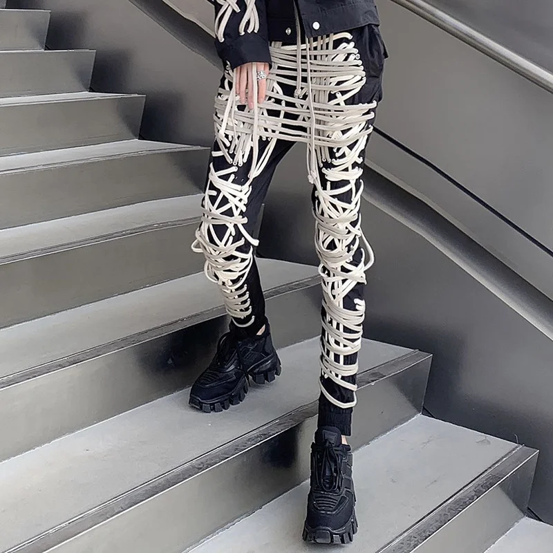 TWOTWINSTYLE Cross Black Pants For Women High Waist Bandage Casual Streetwear Trousers Female Fashion New Clothing 2024 Style