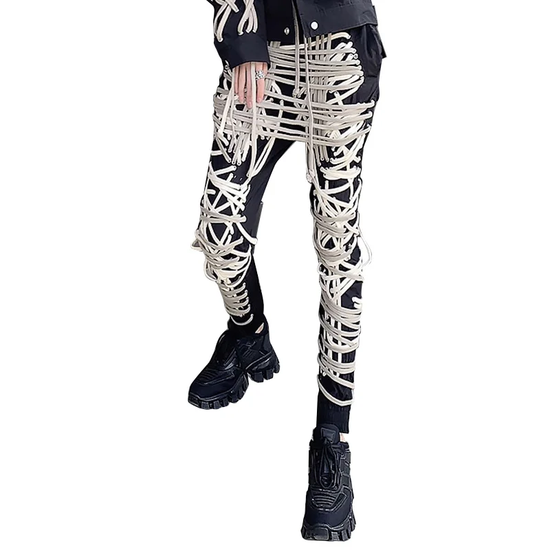 TWOTWINSTYLE Cross Black Pants For Women High Waist Bandage Casual Streetwear Trousers Female Fashion New Clothing 2024 Style