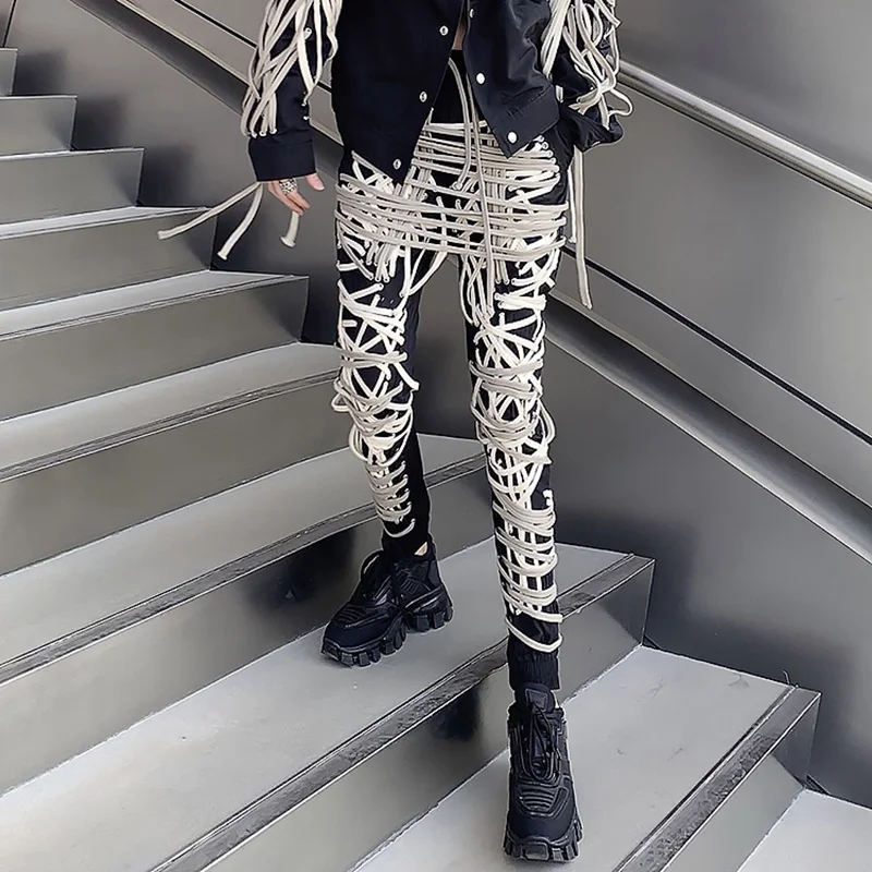 TWOTWINSTYLE Cross Black Pants For Women High Waist Bandage Casual Streetwear Trousers Female Fashion New Clothing 2024 Style
