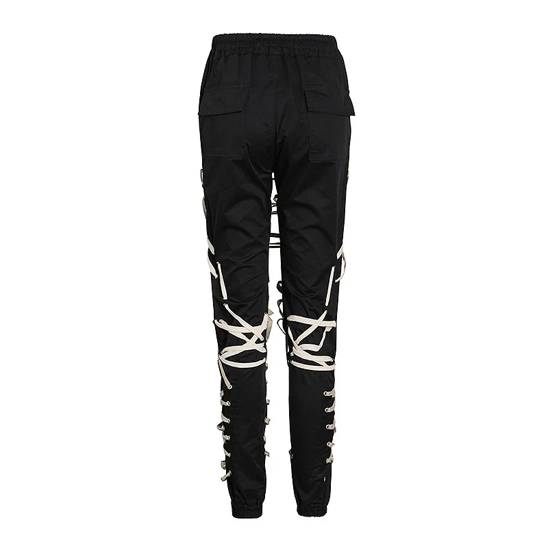 TWOTWINSTYLE Cross Black Pants For Women High Waist Bandage Casual Streetwear Trousers Female Fashion New Clothing 2024 Style