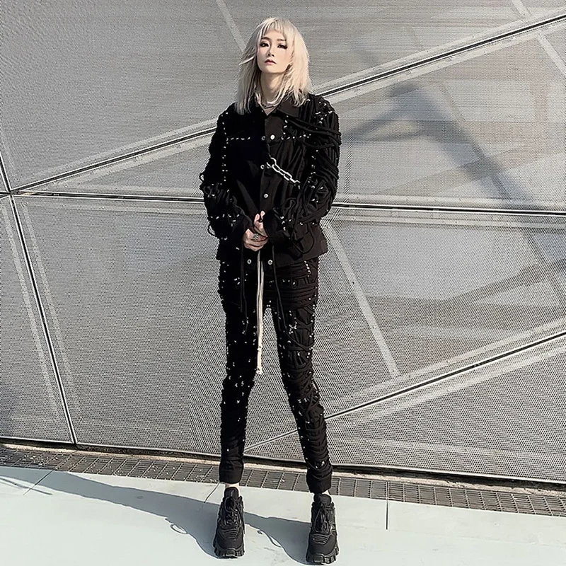 TWOTWINSTYLE Cross Black Pants For Women High Waist Bandage Casual Streetwear Trousers Female Fashion New Clothing 2024 Style