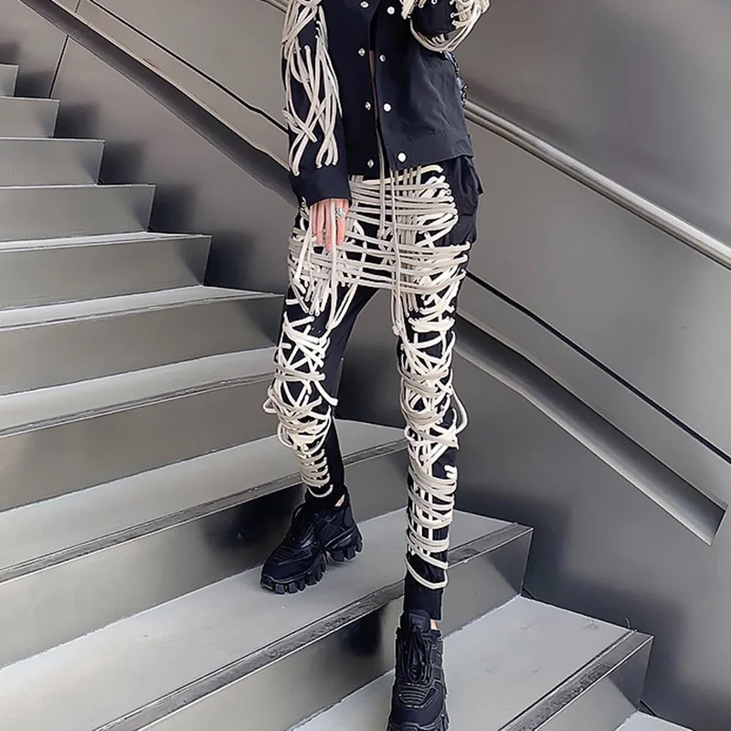 TWOTWINSTYLE Cross Black Pants For Women High Waist Bandage Casual Streetwear Trousers Female Fashion New Clothing 2024 Style