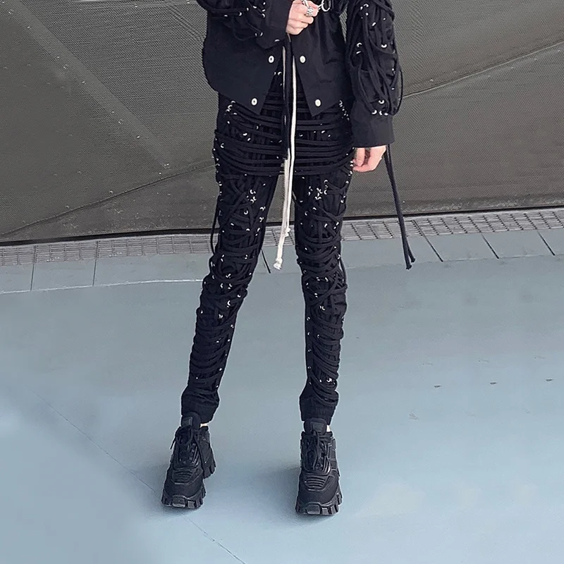 TWOTWINSTYLE Cross Black Pants For Women High Waist Bandage Casual Streetwear Trousers Female Fashion New Clothing 2024 Style