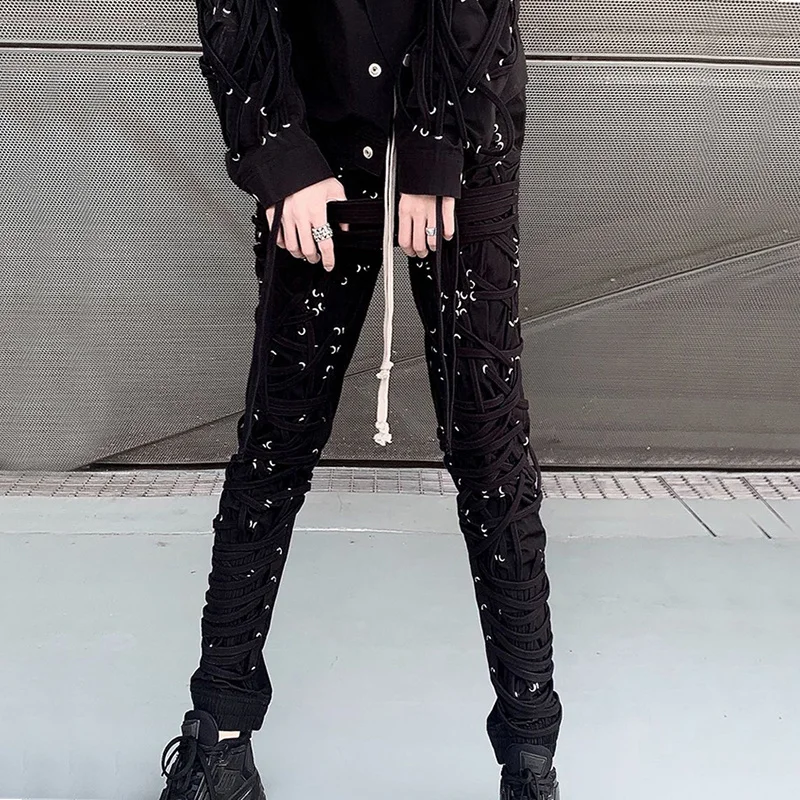 TWOTWINSTYLE Cross Black Pants For Women High Waist Bandage Casual Streetwear Trousers Female Fashion New Clothing 2024 Style