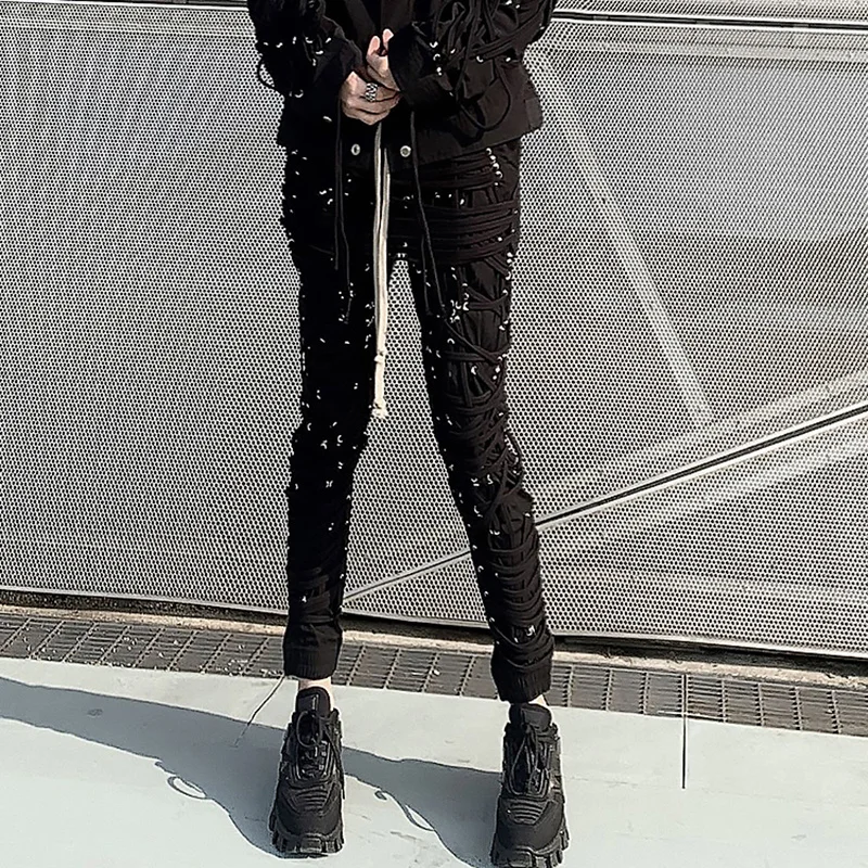 TWOTWINSTYLE Cross Black Pants For Women High Waist Bandage Casual Streetwear Trousers Female Fashion New Clothing 2024 Style