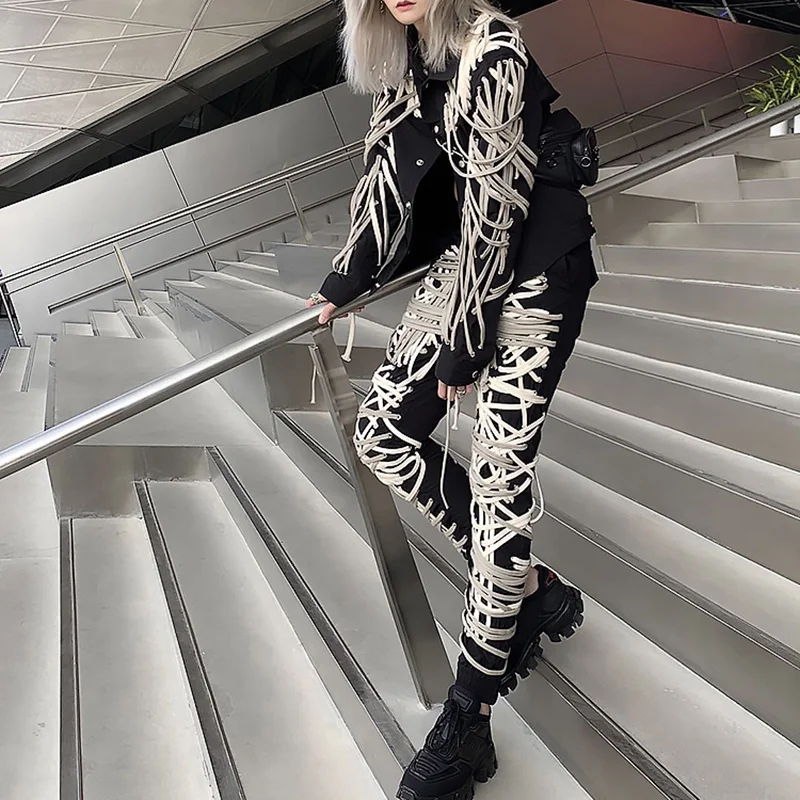 TWOTWINSTYLE Cross Black Pants For Women High Waist Bandage Casual Streetwear Trousers Female Fashion New Clothing 2024 Style