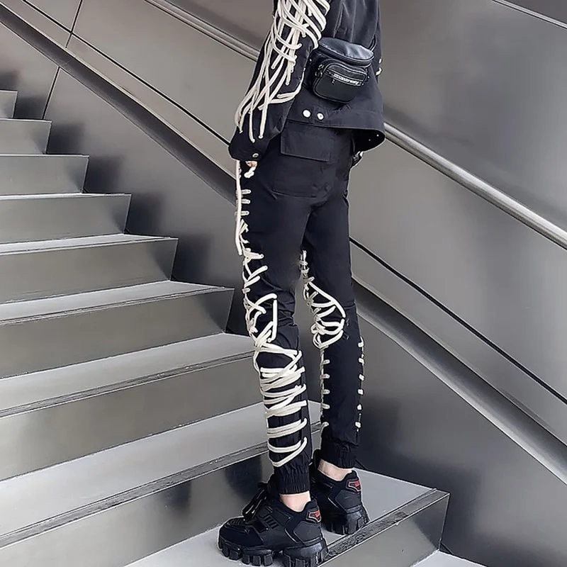 TWOTWINSTYLE Cross Black Pants For Women High Waist Bandage Casual Streetwear Trousers Female Fashion New Clothing 2024 Style