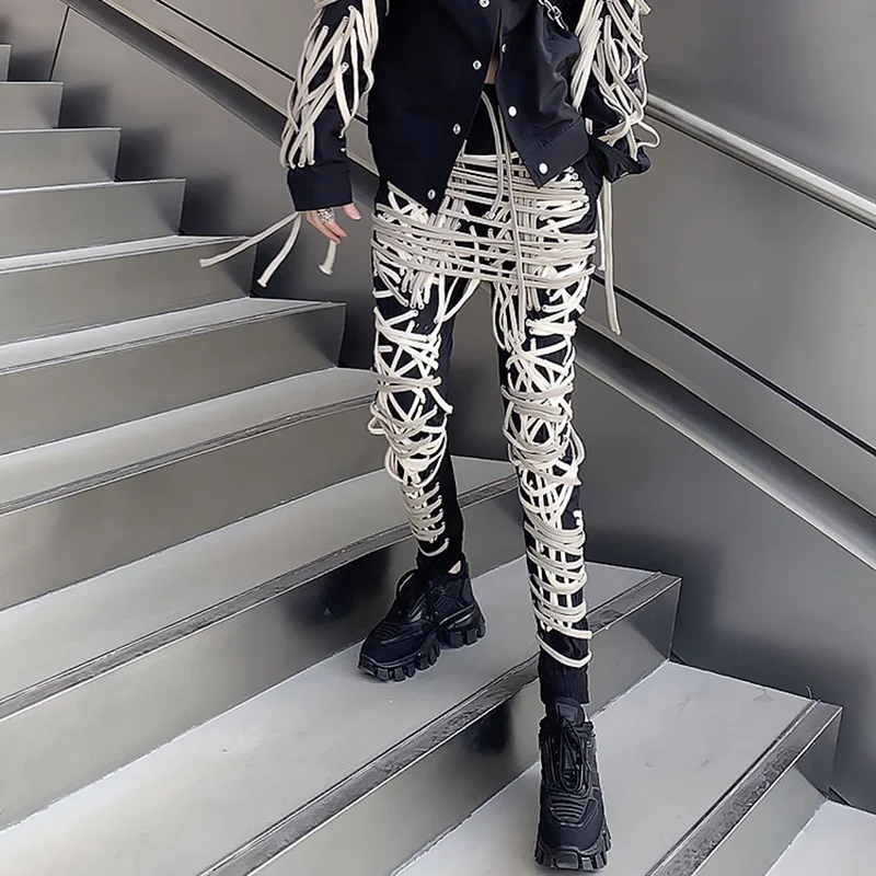 TWOTWINSTYLE Cross Black Pants For Women High Waist Bandage Casual Streetwear Trousers Female Fashion New Clothing 2024 Style