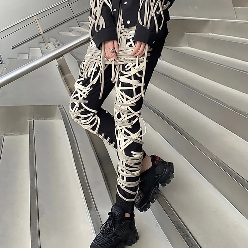 TWOTWINSTYLE Cross Black Pants For Women High Waist Bandage Casual Streetwear Trousers Female Fashion New Clothing 2024 Style