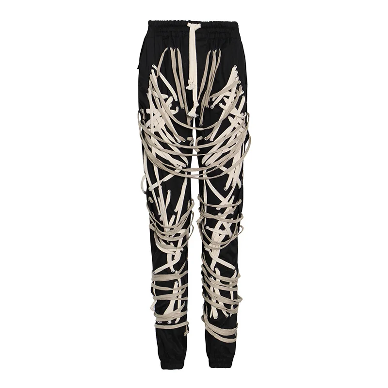 TWOTWINSTYLE Cross Black Pants For Women High Waist Bandage Casual Streetwear Trousers Female Fashion New Clothing 2024 Style