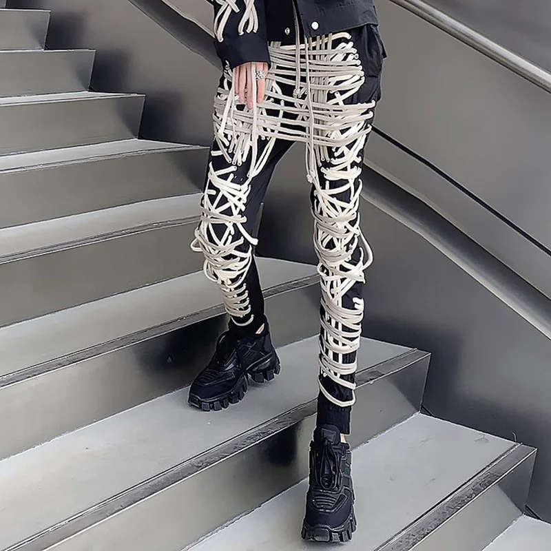 TWOTWINSTYLE Cross Black Pants For Women High Waist Bandage Casual Streetwear Trousers Female Fashion New Clothing 2024 Style