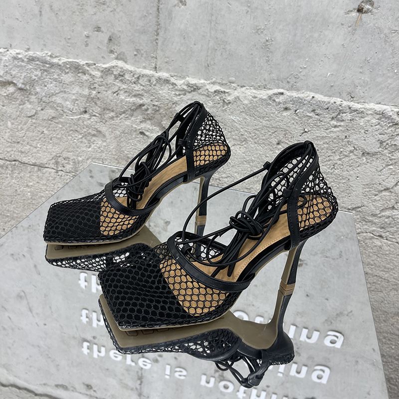 Aneikeh 2025 Summer Sexy Mesh Pumps Sandals Female Square Toe High Heel Lace Up Cross-Tied Stiletto Hollow Dress Party Shoes