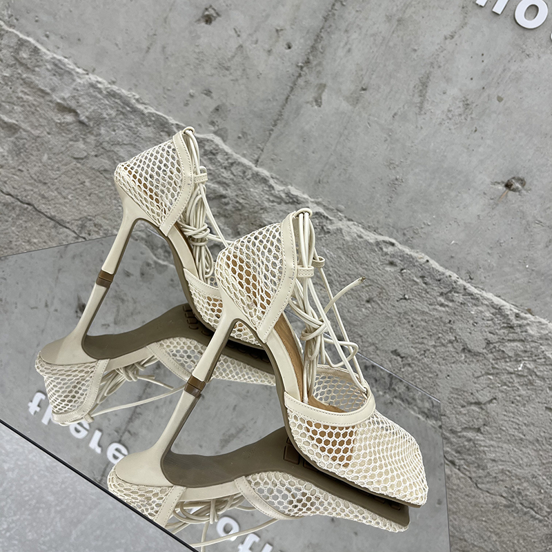 Aneikeh 2025 Summer Sexy Mesh Pumps Sandals Female Square Toe High Heel Lace Up Cross-Tied Stiletto Hollow Dress Party Shoes