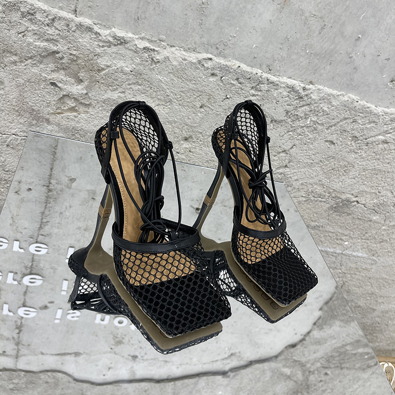 Aneikeh 2025 Summer Sexy Mesh Pumps Sandals Female Square Toe High Heel Lace Up Cross-Tied Stiletto Hollow Dress Party Shoes