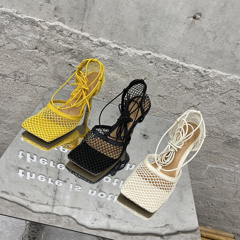 Aneikeh 2025 Summer Sexy Mesh Pumps Sandals Female Square Toe High Heel Lace Up Cross-Tied Stiletto Hollow Dress Party Shoes