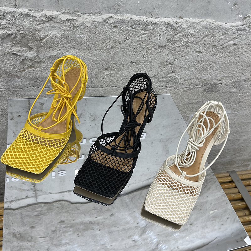 Aneikeh 2025 Summer Sexy Mesh Pumps Sandals Female Square Toe High Heel Lace Up Cross-Tied Stiletto Hollow Dress Party Shoes