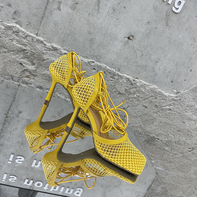 Aneikeh 2025 Summer Sexy Mesh Pumps Sandals Female Square Toe High Heel Lace Up Cross-Tied Stiletto Hollow Dress Party Shoes