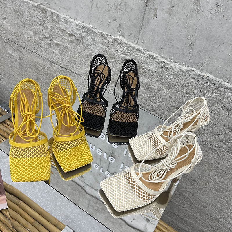 Aneikeh 2025 Summer Sexy Mesh Pumps Sandals Female Square Toe High Heel Lace Up Cross-Tied Stiletto Hollow Dress Party Shoes