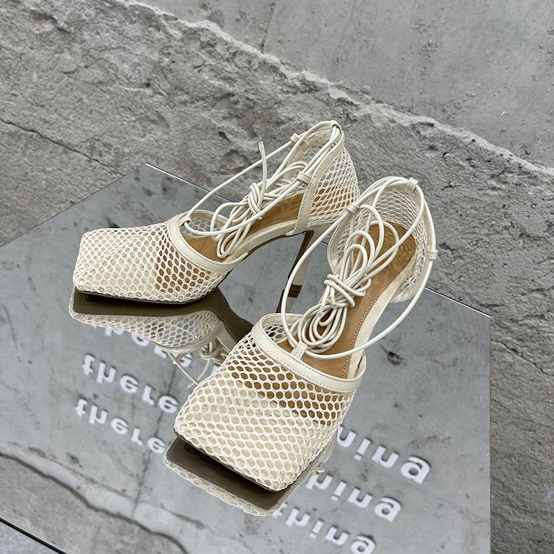 Aneikeh 2025 Summer Sexy Mesh Pumps Sandals Female Square Toe High Heel Lace Up Cross-Tied Stiletto Hollow Dress Party Shoes