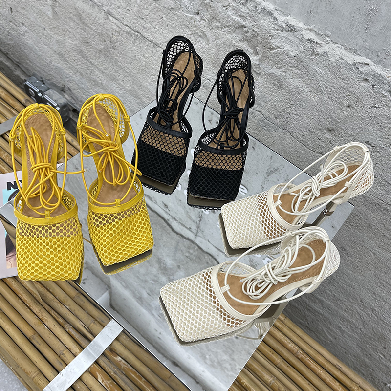Aneikeh 2025 Summer Sexy Mesh Pumps Sandals Female Square Toe High Heel Lace Up Cross-Tied Stiletto Hollow Dress Party Shoes