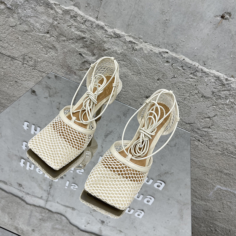 Aneikeh 2025 Summer Sexy Mesh Pumps Sandals Female Square Toe High Heel Lace Up Cross-Tied Stiletto Hollow Dress Party Shoes