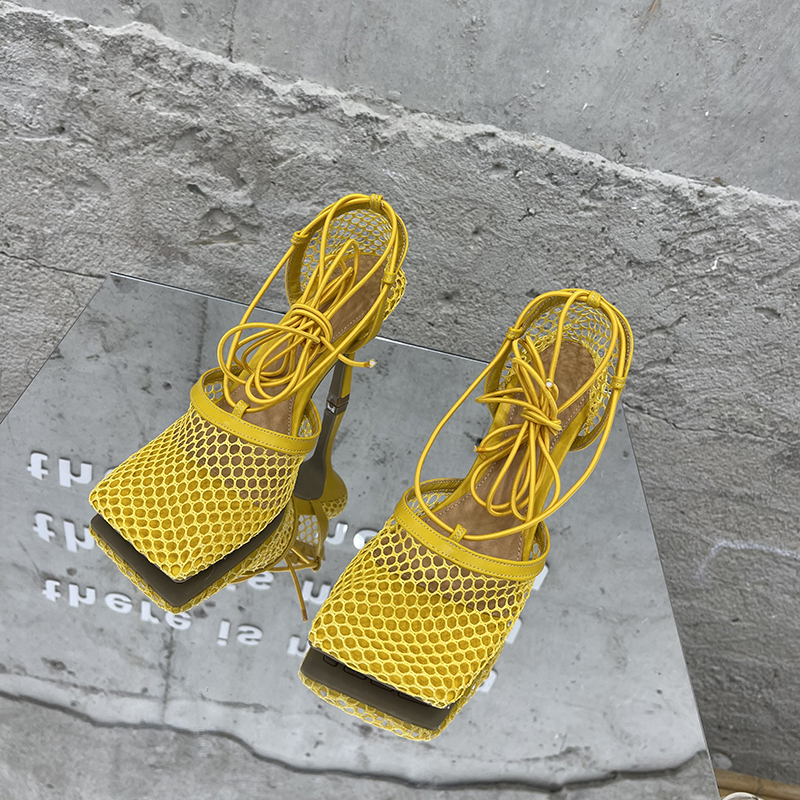 Aneikeh 2025 Summer Sexy Mesh Pumps Sandals Female Square Toe High Heel Lace Up Cross-Tied Stiletto Hollow Dress Party Shoes