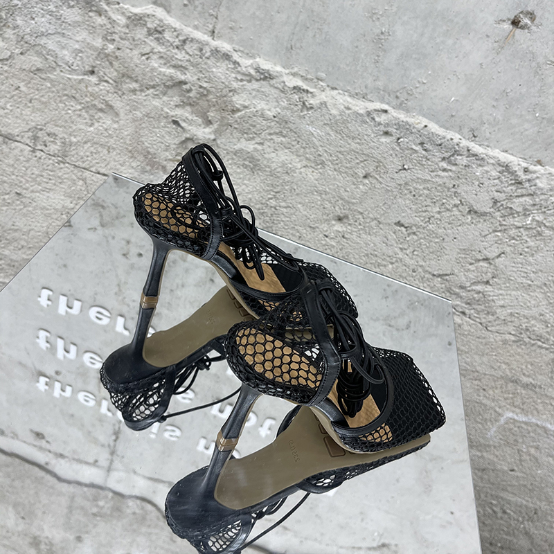 Aneikeh 2025 Summer Sexy Mesh Pumps Sandals Female Square Toe High Heel Lace Up Cross-Tied Stiletto Hollow Dress Party Shoes