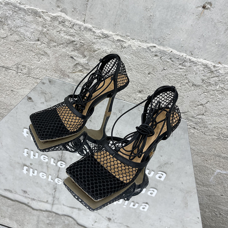 Aneikeh 2025 Summer Sexy Mesh Pumps Sandals Female Square Toe High Heel Lace Up Cross-Tied Stiletto Hollow Dress Party Shoes