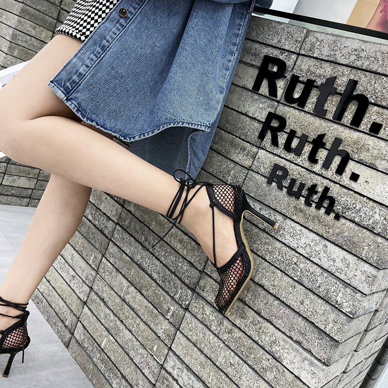 Aneikeh 2025 Summer Sexy Mesh Pumps Sandals Female Square Toe High Heel Lace Up Cross-Tied Stiletto Hollow Dress Party Shoes