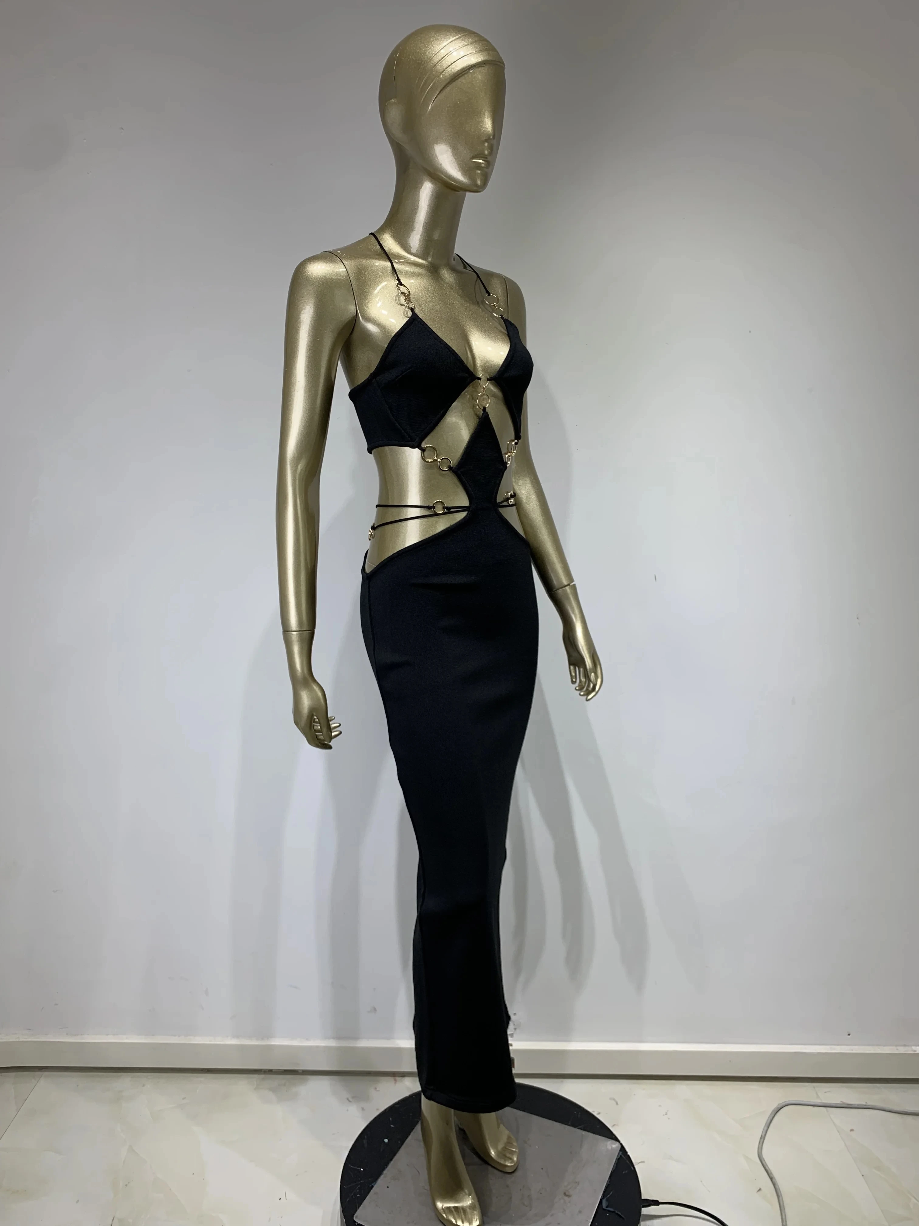 Red Black Color Women Sleeveless Sexy Strap V-Neck Keyholes Bodycon Long Bandage Dress Fashion Celebrate Nightclub Party Dress