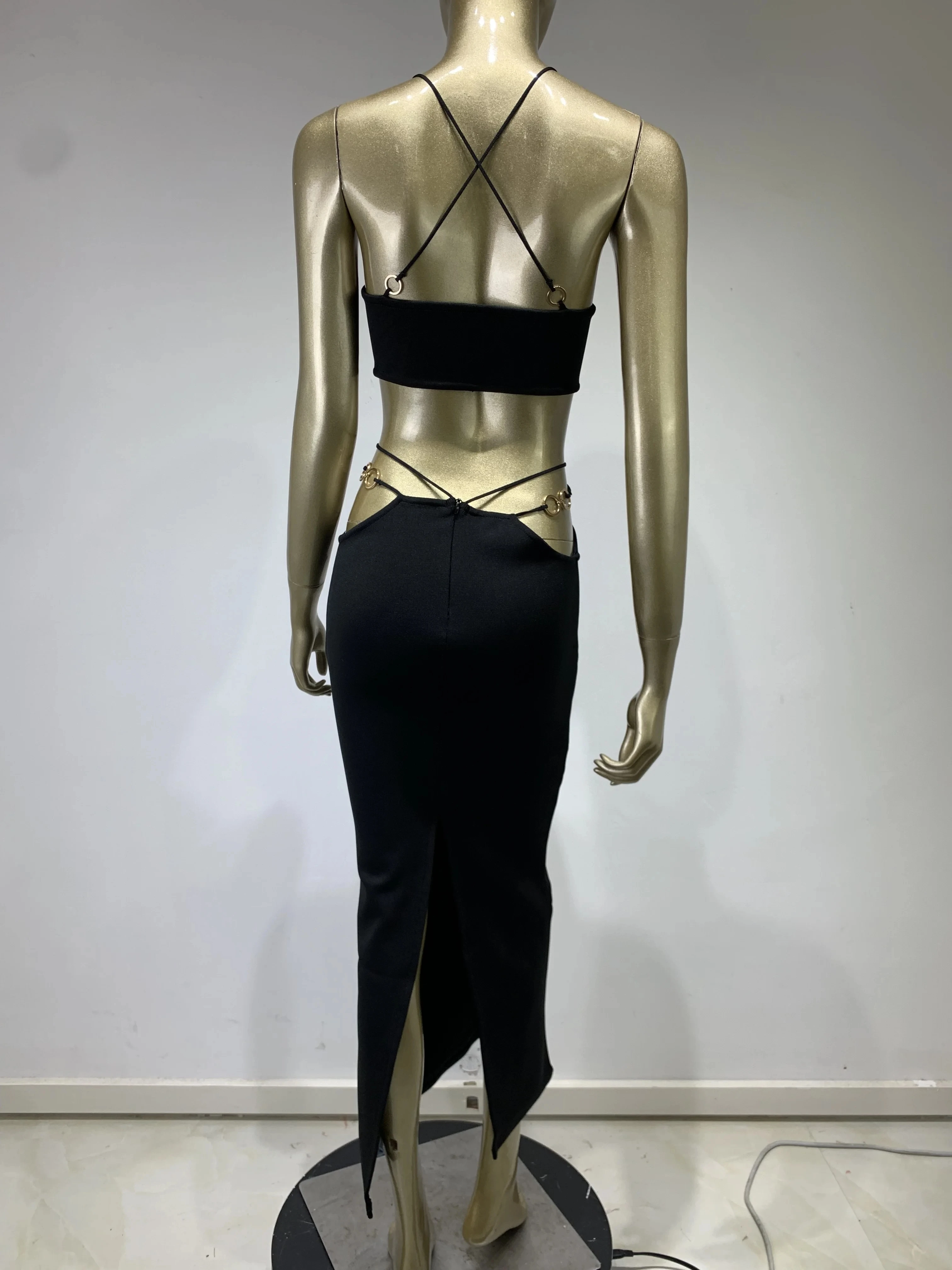 Red Black Color Women Sleeveless Sexy Strap V-Neck Keyholes Bodycon Long Bandage Dress Fashion Celebrate Nightclub Party Dress