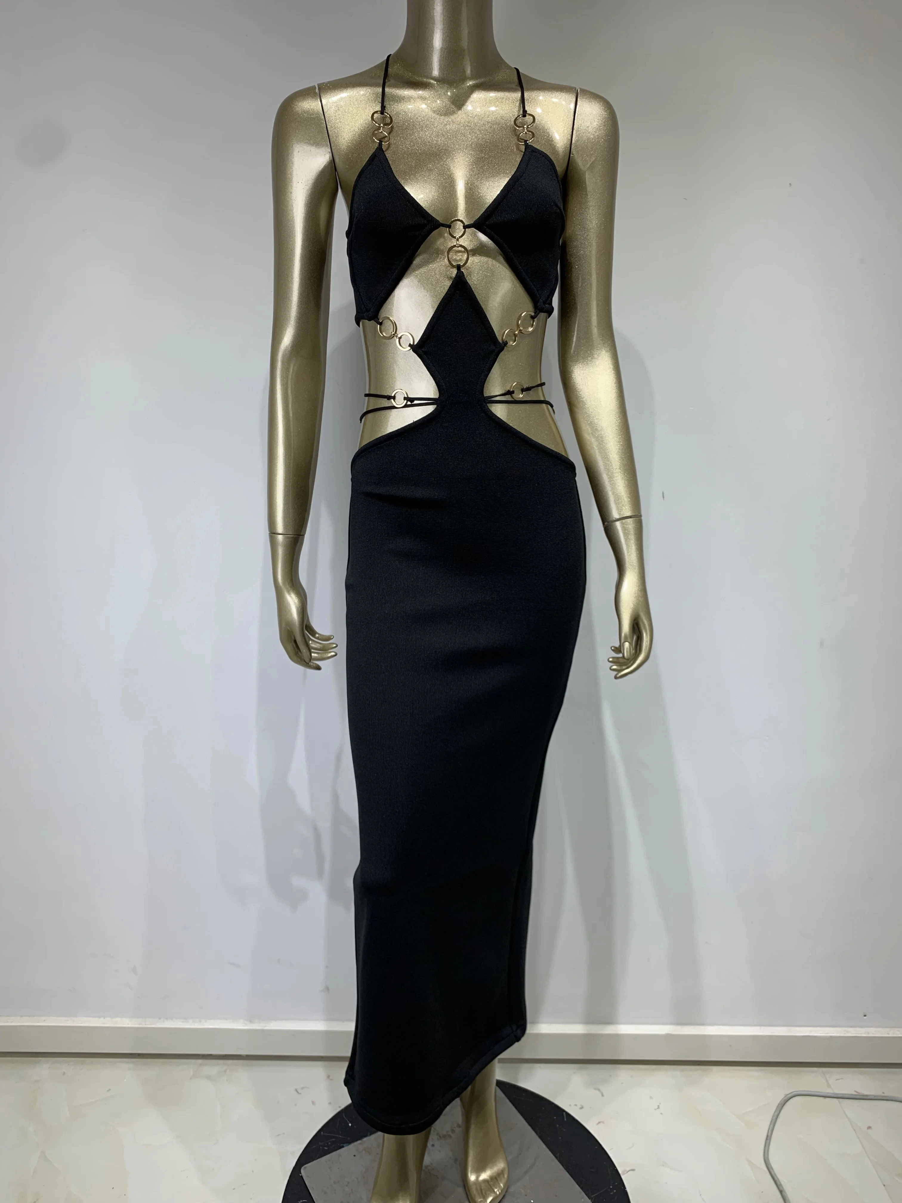 Red Black Color Women Sleeveless Sexy Strap V-Neck Keyholes Bodycon Long Bandage Dress Fashion Celebrate Nightclub Party Dress