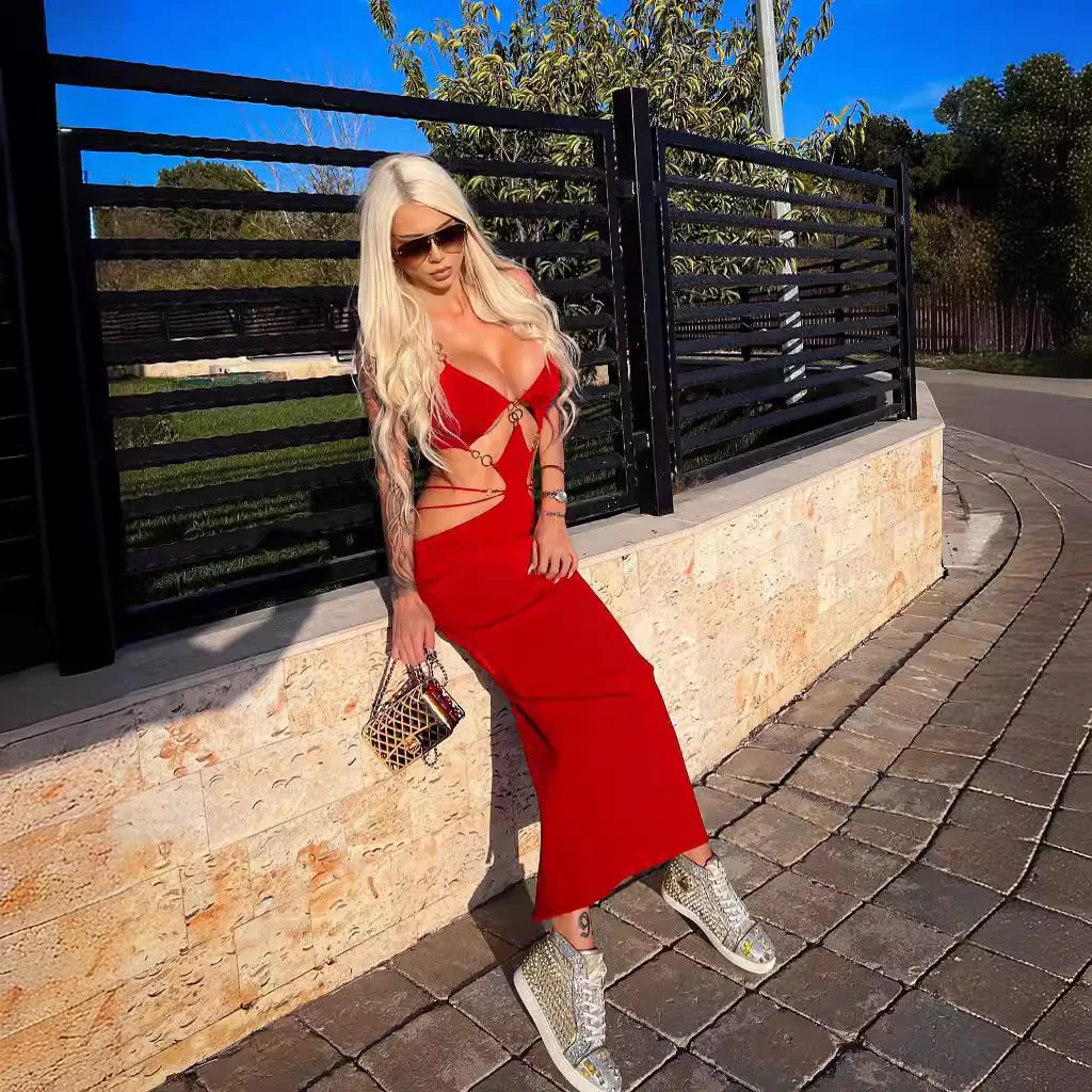 Red Black Color Women Sleeveless Sexy Strap V-Neck Keyholes Bodycon Long Bandage Dress Fashion Celebrate Nightclub Party Dress