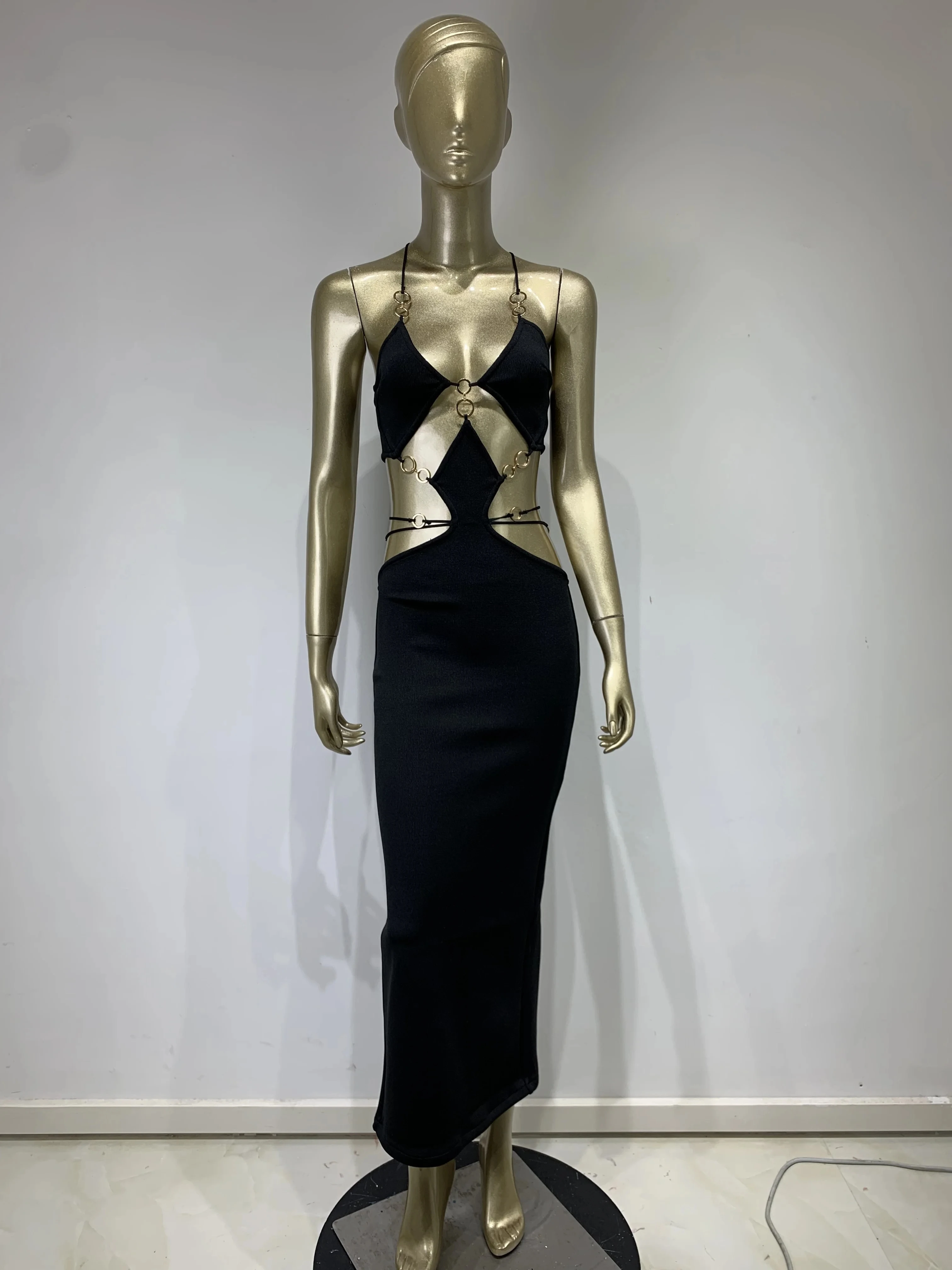 Red Black Color Women Sleeveless Sexy Strap V-Neck Keyholes Bodycon Long Bandage Dress Fashion Celebrate Nightclub Party Dress
