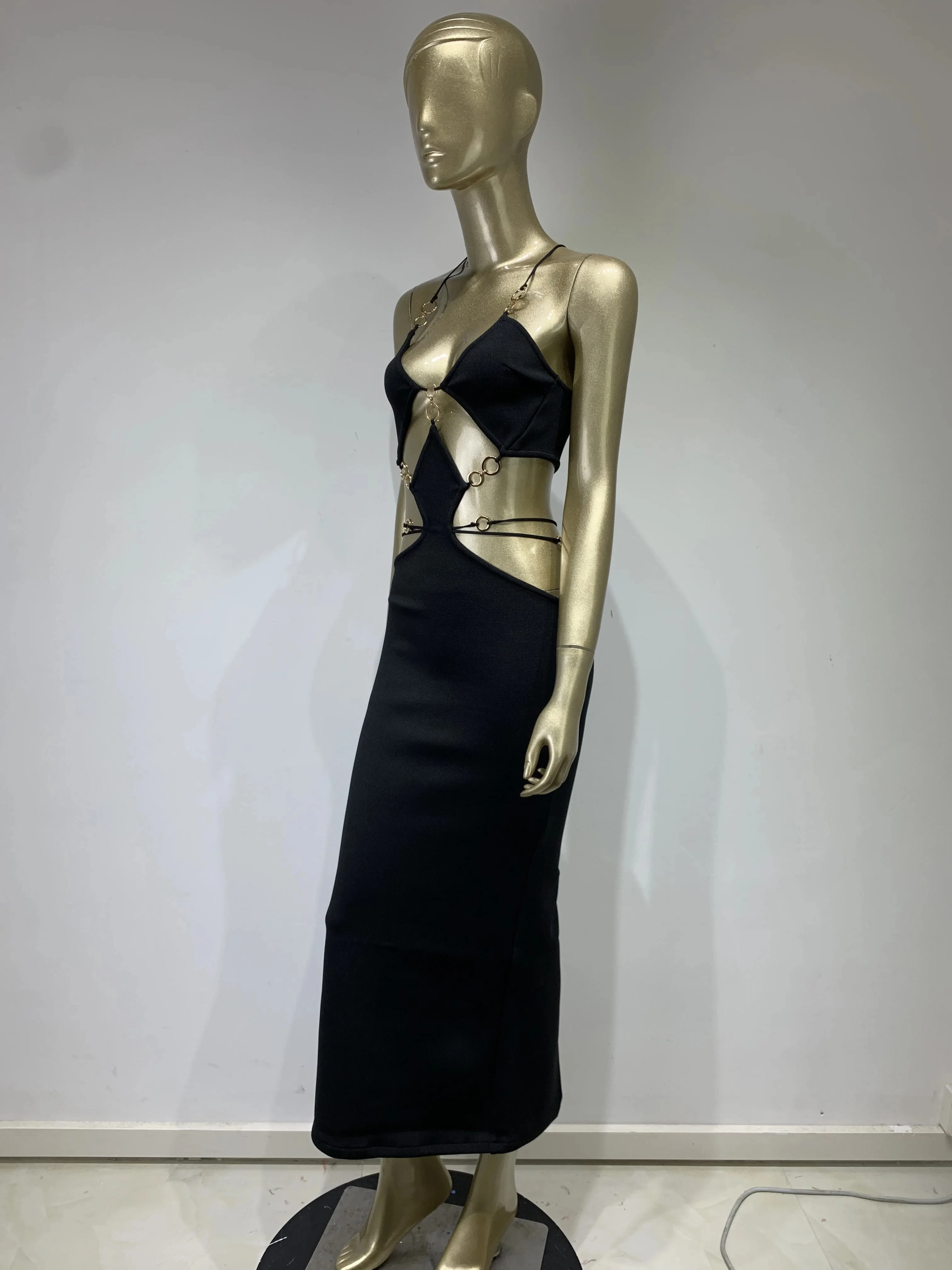 Red Black Color Women Sleeveless Sexy Strap V-Neck Keyholes Bodycon Long Bandage Dress Fashion Celebrate Nightclub Party Dress